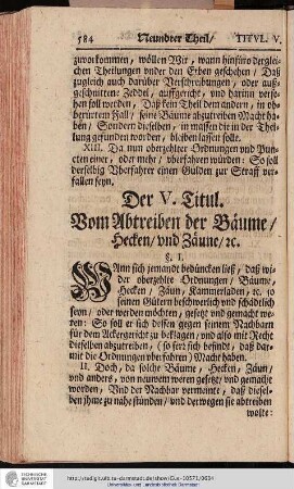 Der V. Titul. Vom Abtreiben der Bäume, Hecken und Zäune