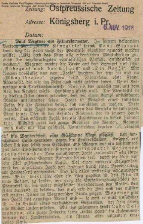Kritik aus Ostpreussische Zeitung (08.11.1916).