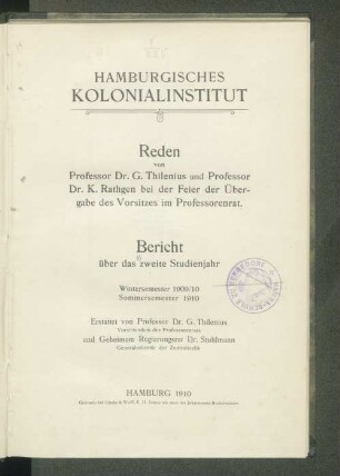 2.1909/10: Bericht : über das Studienjahr .. // Hamburgisches Kolonialinstitut