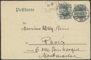 Postkarte von Dora Hitz an Wilhelm Stein