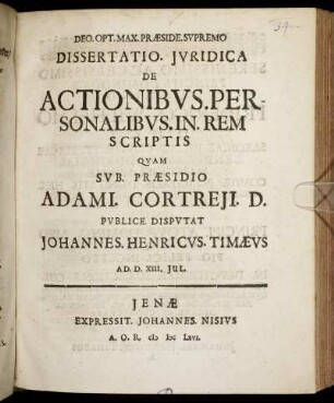 Dissertatio. Iuridica De Actionibus. Personalibus. In. Rem Scriptis