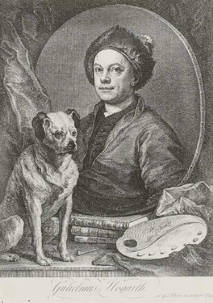 Selbstbildnis mit Mütze, Halbfigur im Oval mit Hund, Büchern und Palette