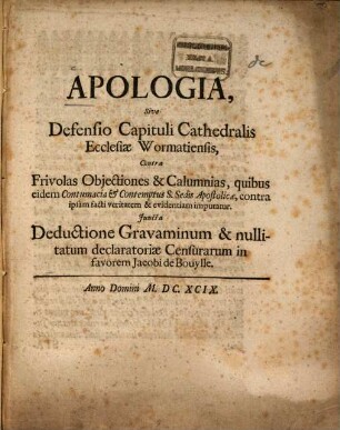 Apologia sive defensio Capituli cathedralis ecclesiae Wormatiensis