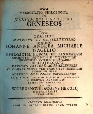 Exercitatio philol. in versum XVI. capitis XX. Geneseos