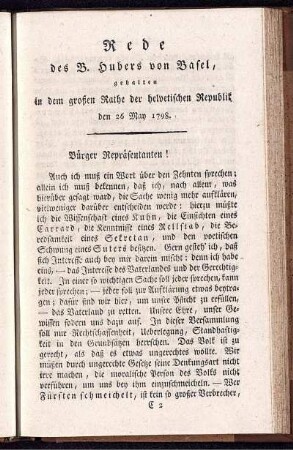 Rede des B. Hubers von Basel, gehalten in dem großen Rathe der helvetischen Republik den 26 May 1798.