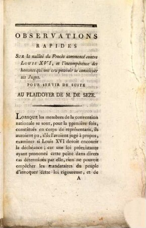 Observations rapides sur la nullité du Procès commencé contre Louis XVI.