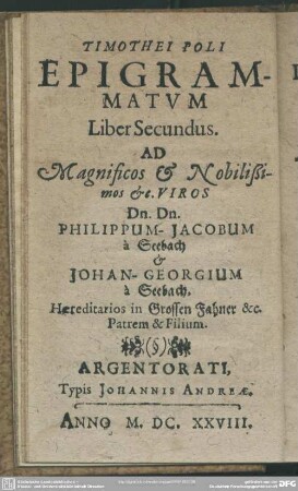Timothei Poli Epigrammatum Liber Secundus