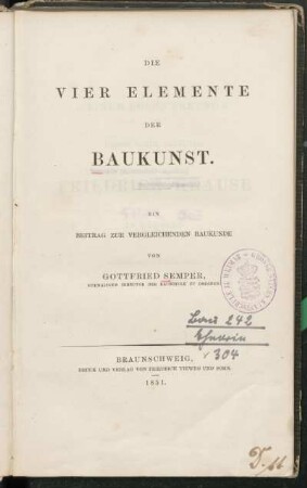 Die vier Elemente der Baukunst : ein Beitrag zur vergleichenden Baukunde