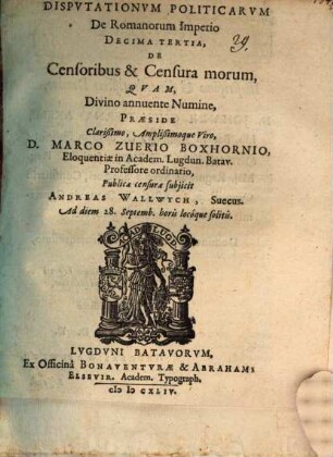 Dispvtationvm Politicarvm De Regio Romanorum Imperio ..., 13. De censoribus et censura morum
