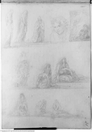 Skizzenbuch, Oben links: drei Studien zu einer trauernden Frau; oben Mitte: Portrait eines unbekannten jungen Mannes; oben rechts: Teil einer mehrfigurigen Szene; Mitte und unten: Studien zu einer Pietà