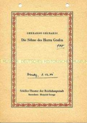 Programm des Theaterstücks "Die Söhne des Grafen" von Gherardo Gherardi