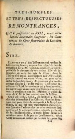 Remontrances de la Cour souveraine de Lorraine et Barrois au Roi, que presentent les gens tenans la Cour Souveraine de Lorraine et Barrois