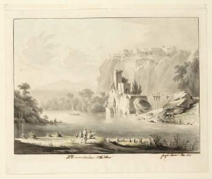 Italienische Landschaft mit Bergstadt und Felsenkastell in Fluss