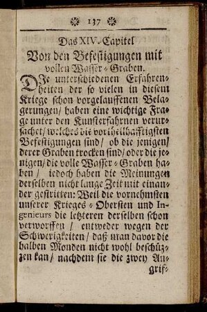 Das XIV. Capitel Von den Befestigungen mit vollen Wasser-Graben.