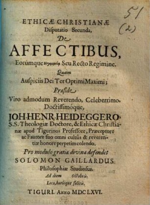 Ethicae Christianae Disputatio Secunda, De Affectibus, Eorumque Hēgemonia Seu Recto Regimine