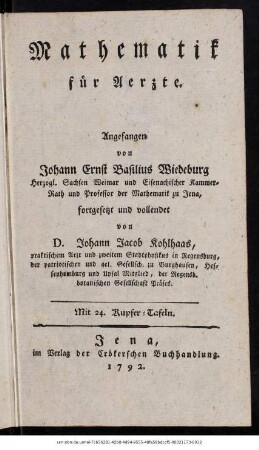 Mathematik für Aerzte : Mit 24 Kupfer-Tafeln