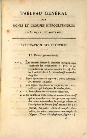 Précis du système hiéroglyphique des anciens Egyptiens ou recherches sur les élémens premiers de cette écriture sacrée, sur leurs diverses combinaisons, et sur les rapports de ce système avec les autres méthodes graphiques égyptiennes, [2]. Planches et explication