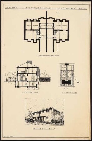 Zweifamilienhaus Monatskonkurrenz Februar 1930: Lageplan 1:500; Grundriss Keller, Längsschnitt 1:100; perspektivische Ansicht; Maßstabsleiste