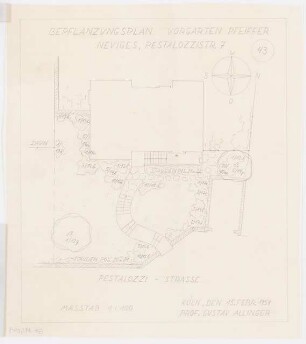 Gartenanlagen und Gärten Wohngebiet Burgfeld, Neviges: Bepflanzungsplan für den Vorgarten Pfeiffer, Pestalozzistr. 7: Grundriss 1:100