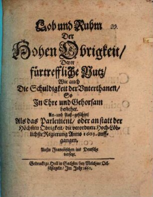 Lob und Ruhm der hohen Obrigkeit
