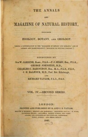 The annals and magazine of natural history, zoology, botany and geology : incorporating the journal of botany. 4. 1849