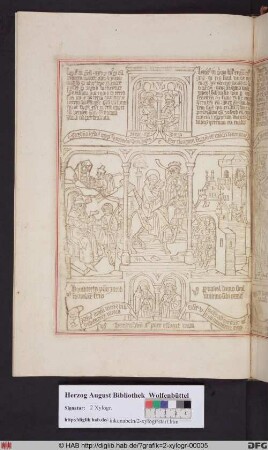 Drei biblische Szenen umgeben von vier Propheten. Mittig: Die Flucht nach Ägypten. Links: Isaak mit Esau und Rebekka mit Jakob. Rechts: Michal hilft David bei der Flucht vor Saul.