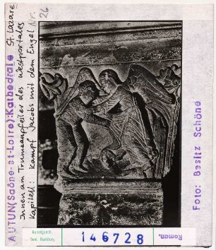 Autun: Kathedrale Saint-Lazare, Trumeaupfeiler Westportal innen, Kapitell, Kampf Jakobs mit dem Engel