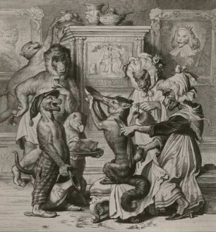 Kaulbach, Wilhelm von. Illustration zu Reineke Fuchs von Johann Wolfgang v. Goethe. Reineke wird von den Affen für den Zweikampf zurechtgemacht