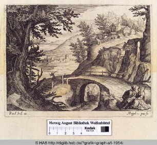 Landschaft mit einem Paar an steinerner Brücke.