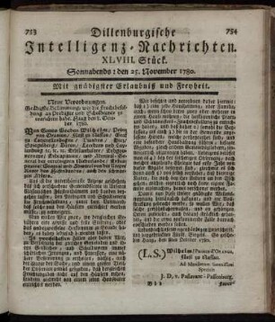 XLVIII. Stück. Sonnabends : den 25. November 1780.