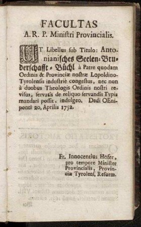 Facultas A. R. P. Ministri Provincialis.