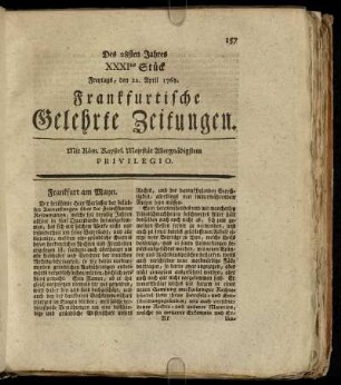 XXXItes Stück Freytags, den 22. April 1763. - XLtes Stück Dienstags, den 24. May 1763.