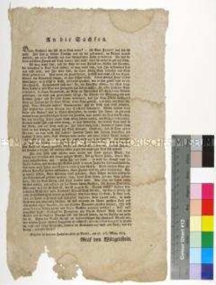 Aufruf von Graf von Wittgenstein an die Sachsen anlässlich des Einrückens preußischer und russischer Truppen