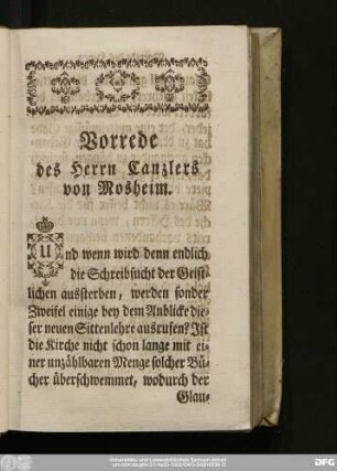 Vorrede des Herrn Canzlers von Mosheim.