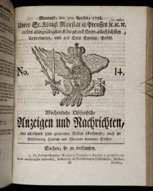 No. 14. Montags, den 3ten Aprilis, 1758.