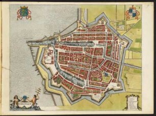 Stadtplan Harlingen, Niederlande , 1:2 500, kolorierter Kupferstich, um 1657 : Harlingen - [Ca. 1:2.500] /[Amsterdam] : [Ioannes Ianssonius], [1657]. - 1 Vogelschaukarte : 1 Kupferst. ; 51,0 x 41,0 cm. - Mit Gebäudeverz. - Mit 2 Wappen - Titel unten links. - Vermutl. aus: Theatrum Urbium Celebriorum totius Belgii Sive Germaniae Inferioris [Theatrum / 4] / Jansson, Jan. - Amstelodami//Amsterdam : Ioannes Ianssonius, 1657