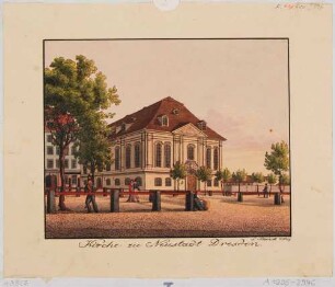 Die Dreikönigskirche in Dresden-Neustadt vor dem Bau des Turmes 1854-57, an der Hauptstraße, Blick nach Südosten