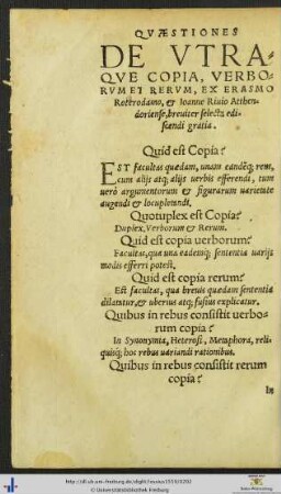 Quæstiones De Utraque Copia, Verborum et Rerum