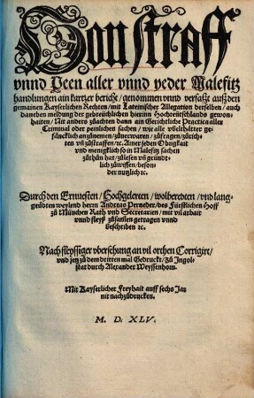 Von straff vnnd Peen aller vnnd yeder Malefitzhandlungen ...