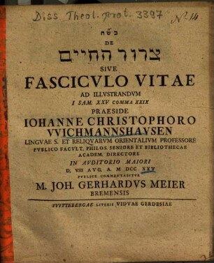 De ... Fascicvlo Vitae Ad Illvstrandvm I Sam. XXV Comma XXIX