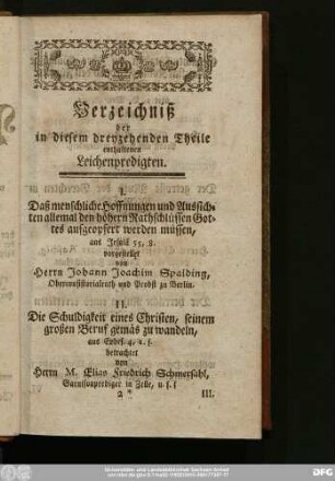 Verzeichniß der in diesem dreyzehenden Theile enthaltenen Leichenpredigten.