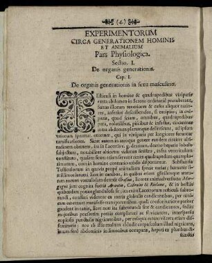 Experimentorum Circa Generationem Huminis Et Animalium Pars Physiologica.