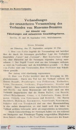 19: Verhandlungen der ... Versammlung des Verbandes von Museums-Beamten zur Abwehr von Fälschungen und Unlauterem Geschäftsgebaren