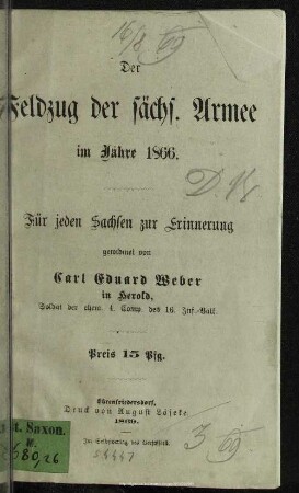 Der Feldzug der sächs. Armee im Jahre 1866 : für jeden Sachsen zur Erinnerung