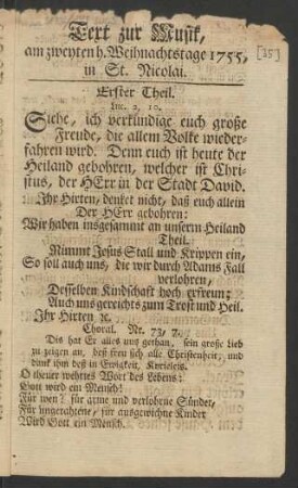 [Textdruck] Text zur Musik am zweyten h. Weihnachtstage 1755, in St. Nicolai