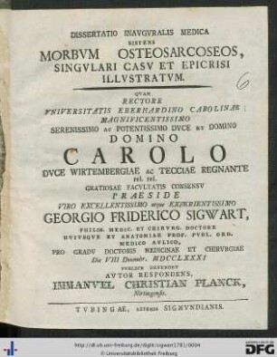 Dissertatio Inavgvralis Medica Sistens Morbvm Osteosarcoseos, Singvlari Casv Et Epicrisi Illvstratvm