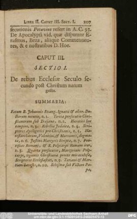 Sectio I. De rebus Ecclesiae Seculo secundo post Christum natum gestis.