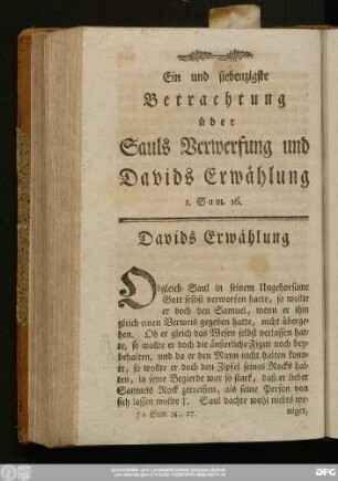Ein und siebenzigste Betrachtung über Sauls Verwerfung und Davids Erwählung 1. Sam. 16.