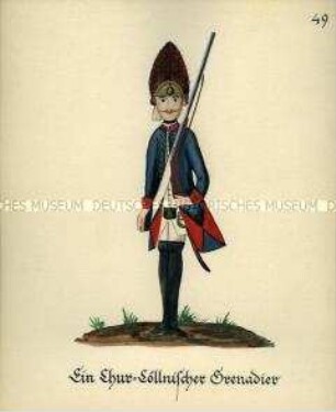 Uniformdarstellung, Grenadier, Kurfürstentum Köln, 1760/1761. Kopie der Originaltafel 49 aus Becher: Wahrhaftige Nachrichten.