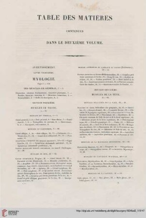 Table des matières contenues dans le deuxième volume